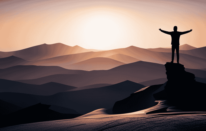 An image of a person standing alone on top of a mountain, with arms outstretched and facing the sun