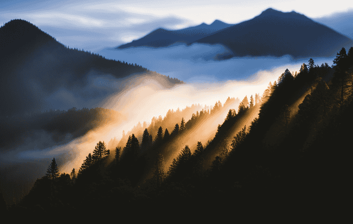 An image showcasing a serene sunrise over a misty mountain range, with rays of vibrant golden light piercing through the clouds, illuminating a tranquil forest below, radiating positivity and divine guidance
