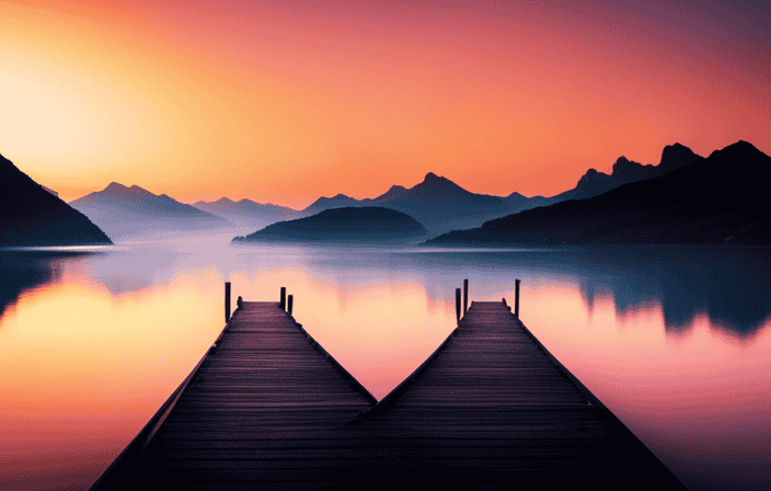 An image of a serene, crimson sunset over a tranquil lake, where a vibrant, steady beam of red light gracefully intertwines with delicate ripples, symbolizing the delicate harmony between inner peace and strength