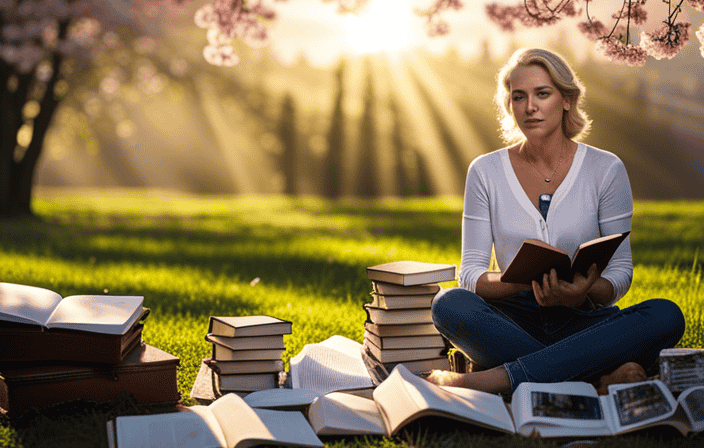 An image showcasing a serene, sun-kissed morning scene with a person sitting cross-legged under a blossoming tree, surrounded by a stack of journals, pens, and an open book, inviting readers to embark on their spiritual journey through journaling