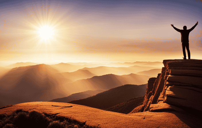 An image depicting a person standing on a vibrant hilltop at sunrise, bathed in golden light, their outstretched arms reaching towards the heavens, symbolizing the start of a profound spiritual awakening