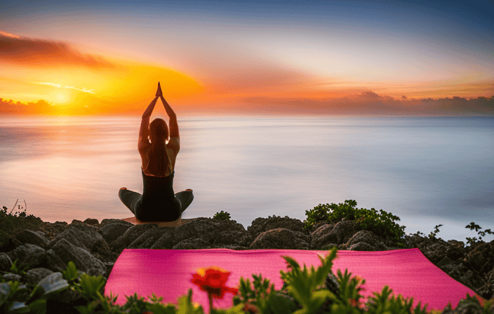 An image of a vibrant sunrise over a serene beach, with a person practicing yoga on a mat, surrounded by lush greenery and colorful flowers, showcasing the rejuvenating power of nature and physical activity