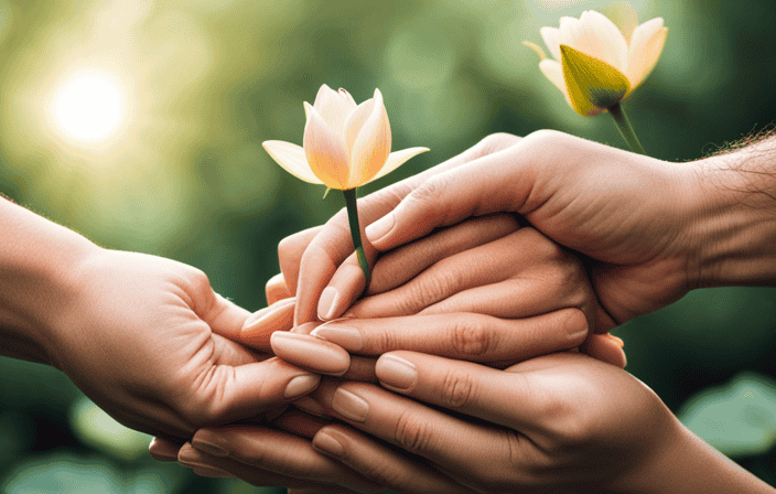 An image showcasing two hands gently holding each other, surrounded by vibrant lotus flowers blooming in a tranquil, sunlit garden