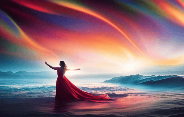 An image showcasing a person immersed in vibrant, swirling colors, as their outstretched hands radiate pulsating waves of energy