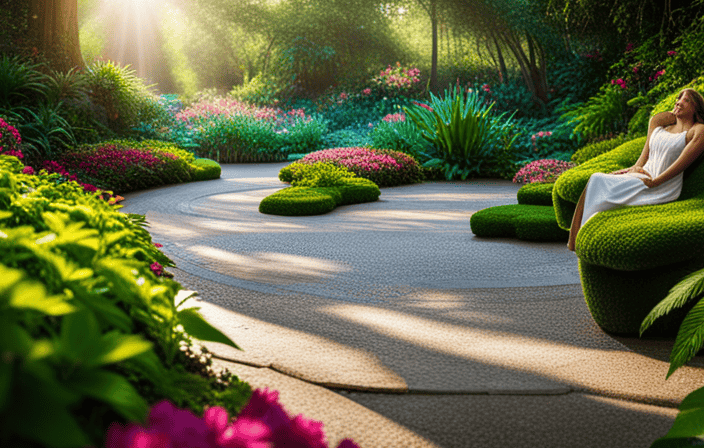 An image of a serene, sun-drenched botanical garden
