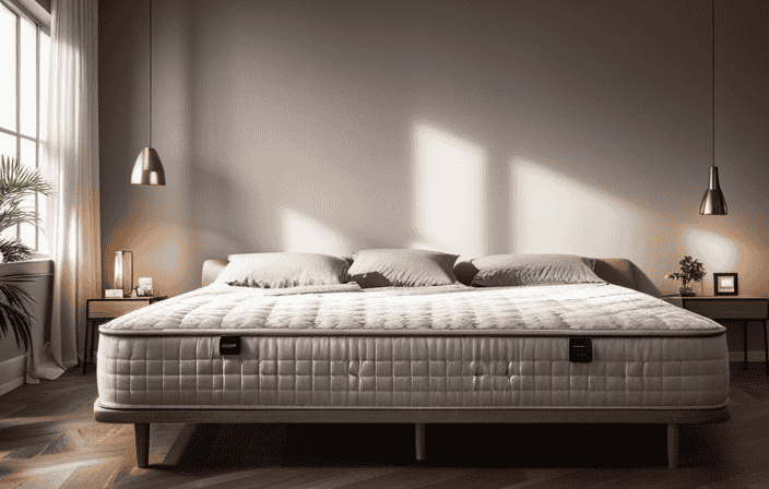 An image showcasing a spacious bedroom with a variety of mattresses neatly arranged on a cozy bed frame