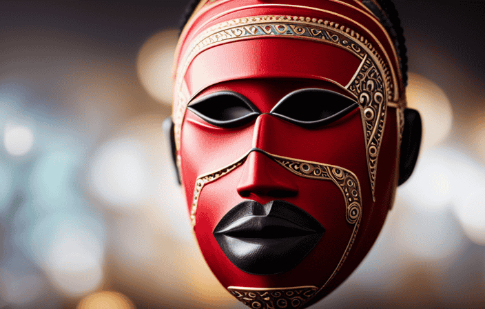 An image showcasing a vibrant African mask, adorned with intricate carvings and colorful beads