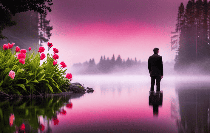 An image of a person standing at the edge of a serene lake, surrounded by vibrant, blooming flowers