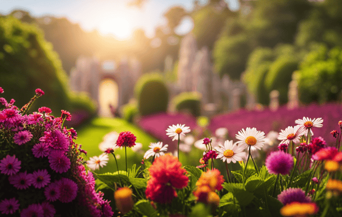 An image of a serene garden pathway, lined with vibrant flowers and lit by warm sunlight