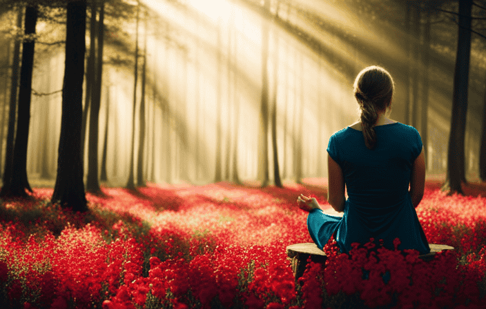 An image that captures the essence of discovering your spiritual path: a serene forest clearing bathed in golden sunlight, where a solitary figure sits in meditation, surrounded by blooming flowers, as a gentle breeze whispers through the trees