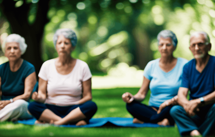 An image showcasing a serene garden scene with a group of elderly individuals practicing meditation