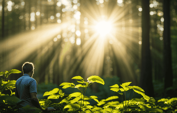 An image of a solitary figure standing at the edge of a vibrant, sun-kissed forest