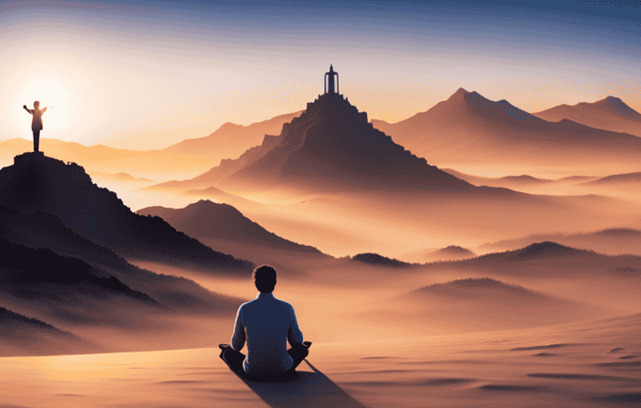 An image capturing a person sitting cross-legged on a mountaintop at sunrise, surrounded by a serene landscape