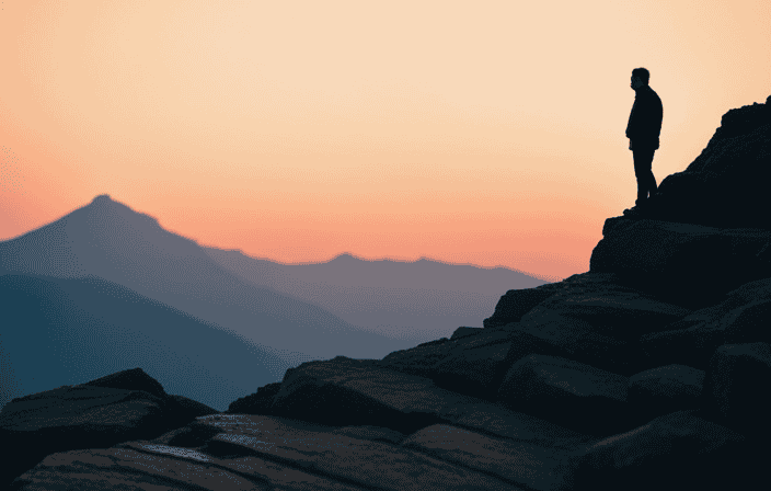 An image capturing a solitary figure standing at the edge of a treacherous mountain peak, bathed in the golden light of a rising sun, symbolizing the unwavering determination and courage required to embrace challenges on your spiritual path