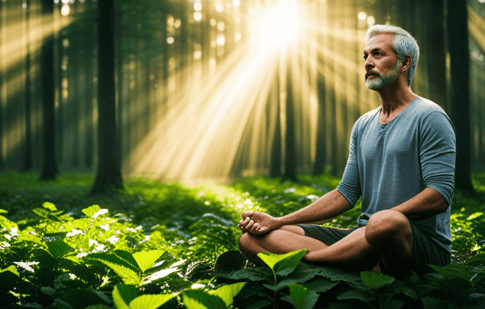 An image depicting a serene forest setting, with sunlight streaming through the dense foliage, illuminating a person peacefully meditating amidst a plethora of vibrant kratom leaves, symbolizing the natural power of kratom for pain relief and overall well-being
