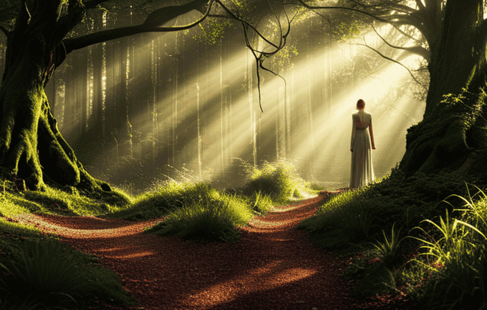 An image showcasing a serene forest path, dappled sunlight filtering through the branches, guiding towards a hidden sanctuary