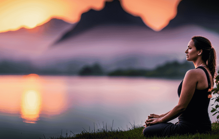 An image that captures the essence of finding harmony: a serene sunset casting a golden glow on a person meditating by a tranquil lake, surrounded by blooming flowers and a gentle breeze