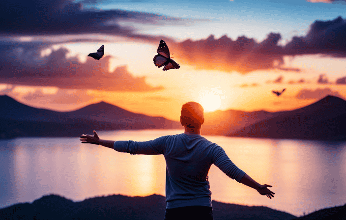 An image showcasing a serene sunset over a tranquil landscape, where a figure stands with outstretched arms, gracefully releasing vibrant butterflies symbolizing forgiveness, as they soar towards the horizon