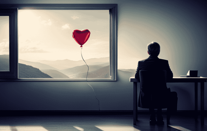 N sitting alone in a room, looking out a window with a sad expression, while a broken heart-shaped balloon floats away in the sky