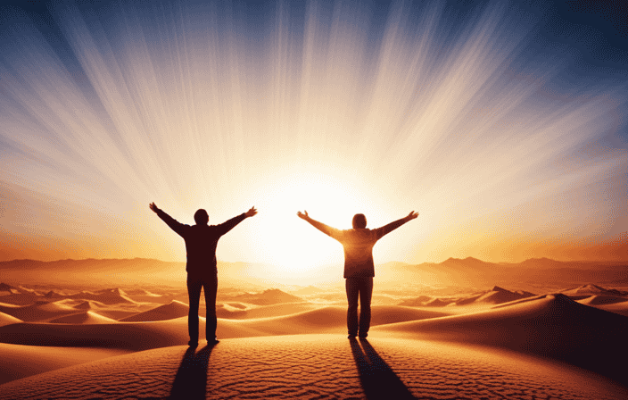 N standing in the middle of a vast desert, looking up at the sun with their arms outstretched
