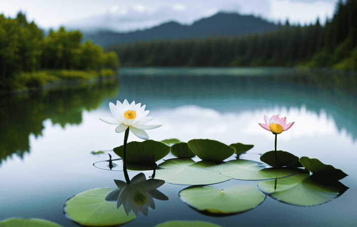 An image showcasing a serene riverbank surrounded by lush greenery, with a lotus flower floating peacefully on the water's surface