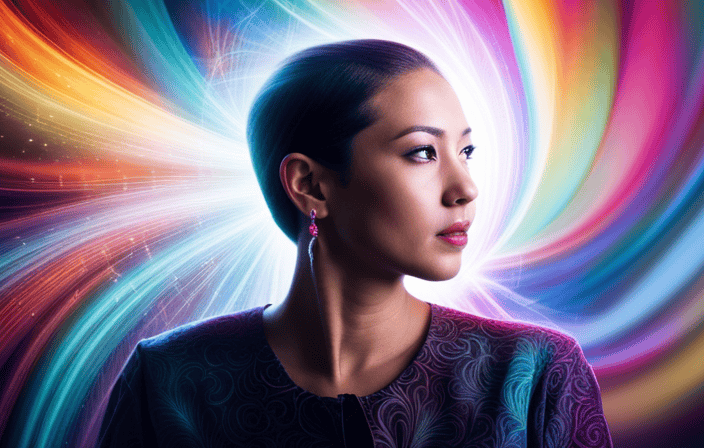 An image featuring a person with their left ear gently cupped, surrounded by vibrant, ethereal swirls of color
