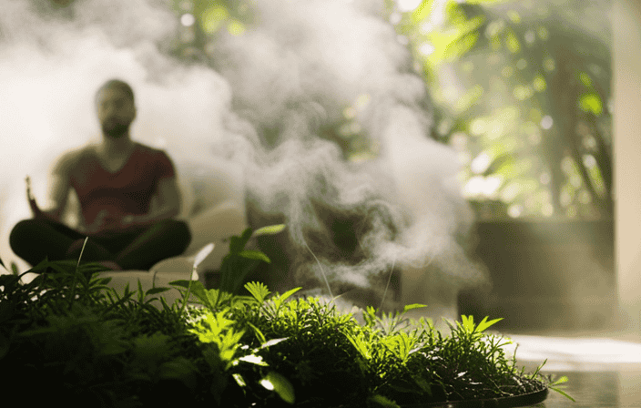 An image showcasing a serene, sunlit room adorned with lush green plants, where a person meditates peacefully on a cushion, surrounded by soft incense smoke, casting a radiant, soothing aura