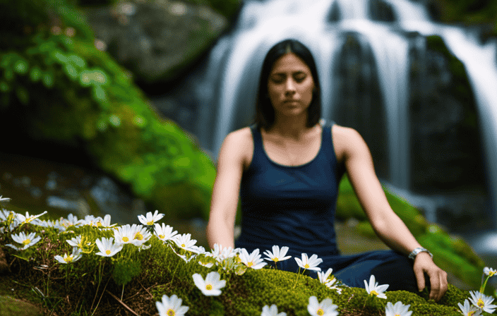 An image that depicts a person sitting cross-legged on a moss-covered rock near a tranquil waterfall, surrounded by blooming wildflowers