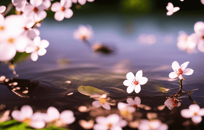 An image of a serene garden at sunrise, with a tranquil pond reflecting vibrant cherry blossoms