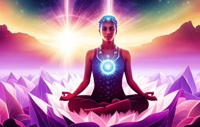 An image capturing the essence of Merkaba meditation: a serene meditator seated in the lotus position, surrounded by shimmering, intricate geometric patterns, radiating vibrant energy and connecting with the cosmos