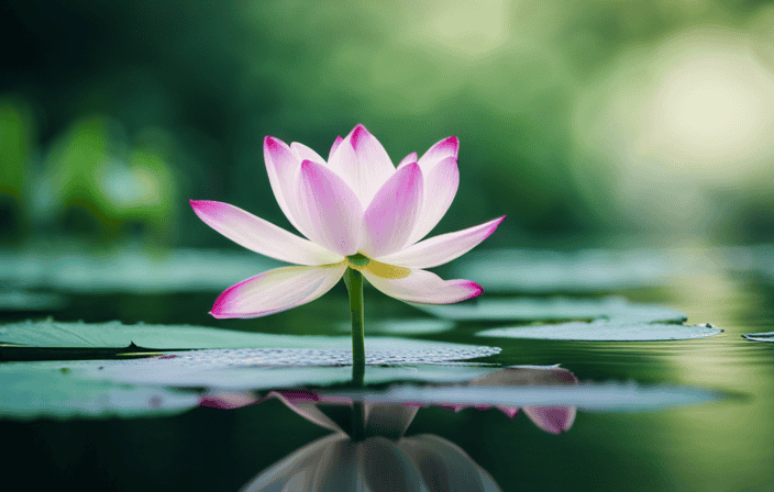 An image of a serene lotus flower blooming in a tranquil pond, surrounded by lush greenery