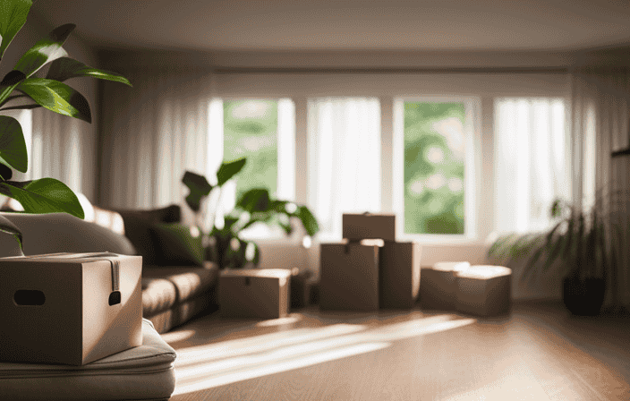 An image that captures the essence of stress-free moving: a serene living room with neatly packed boxes, a tranquil color palette, natural light streaming through open windows, and a peaceful houseplant basking in its new home
