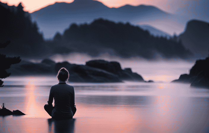 E, golden-hued sunset over a tranquil, glassy lake, with a lone figure sitting cross-legged on a moss-covered rock, eyes closed and hands resting peacefully on their knees, radiating a sense of calm and inner peace