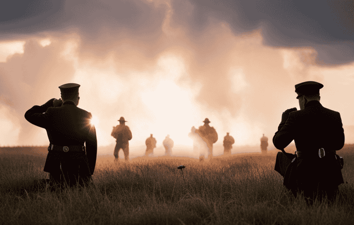 An image capturing the solemn camaraderie between Union soldiers and their chaplains amidst a smoky battlefield: soldiers kneeling in prayer, chaplains offering solace, and an ethereal light breaking through the clouds above