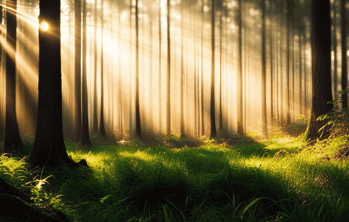 An image depicting a serene, sunlit forest clearing where vibrant, shimmering colors intertwine and dance in the air