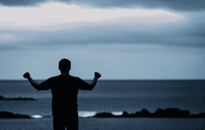 An image featuring a person standing at the edge of a vast, turbulent ocean, their clenched fists slowly releasing as they gaze fearlessly into the horizon, radiating self-awareness and resilience