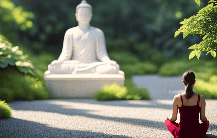 An image capturing a serene Zen garden, with lush greenery, perfectly raked gravel, and a meditating figure surrounded by vibrant flowers, symbolizing the power of mindfulness in reducing stress, improving focus, and cultivating discipline