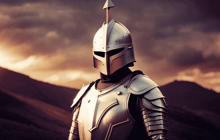 An image showcasing a radiant suit of armor formed from glistening silver that engulfs a devoted Christian, exuding an ethereal glow while deflecting fiery arrows amidst a dark and menacing battlefield