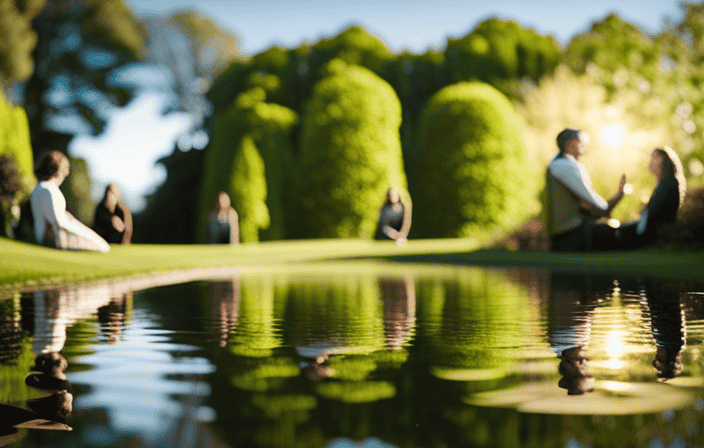 An image featuring a serene, sunlit garden with a mirrored pond, reflecting a diverse group of individuals engaged in deep conversation, symbolizing Na's Universal Principles of Honesty, Open-Mindedness, and Personal Growth
