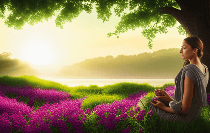An image of a serene beach surrounded by lush greenery, with a person peacefully meditating under a tree