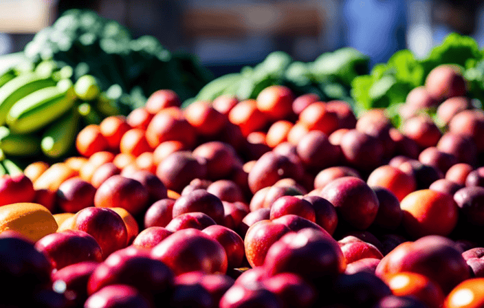 An image of a vibrant farmer's market scene, bustling with colorful fruits, vegetables, and leafy greens
