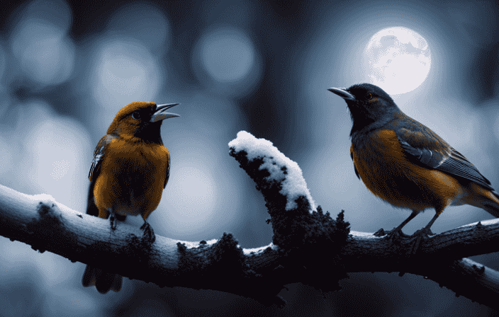 An image of a serene moonlit forest, where mystical birds with radiant plumage perch on illuminated branches, their beaks slightly open as melodious chirps fill the night sky, conveying ethereal messages from the divine