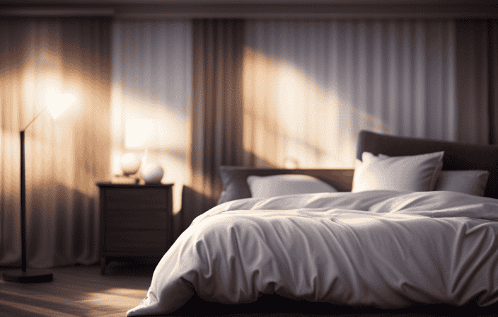 An image showcasing a serene, dimly lit bedroom with blackout curtains drawn, casting soft shadows