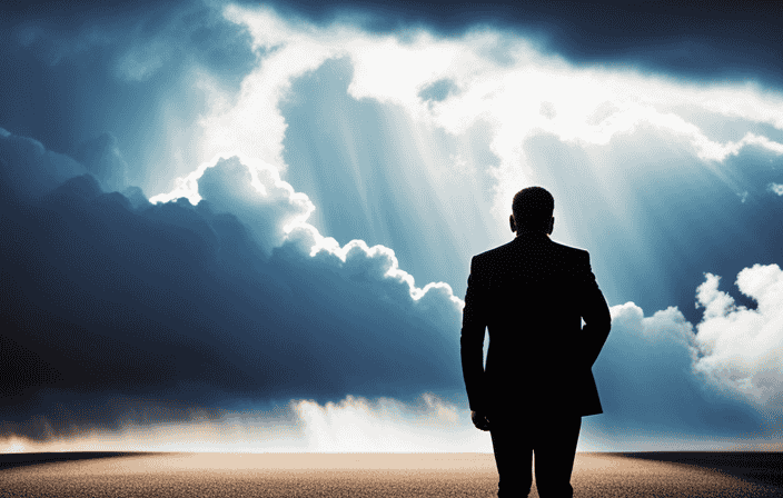An image showcasing a person standing tall, confidently facing a towering storm cloud