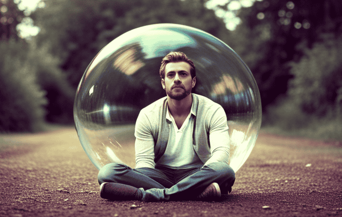 An image that portrays a serene individual sitting cross-legged, surrounded by a translucent bubble
