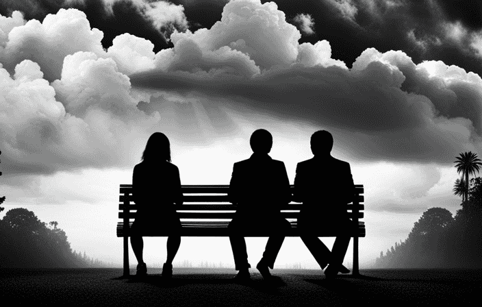 An image with two silhouettes sitting on a park bench, one with a dark cloud overhead and the other with a radiant sun