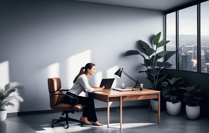 An image showcasing a serene office space with soft, natural lighting, cozy ergonomic furniture, and a lush indoor plant