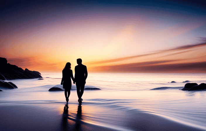 An image showcasing a serene sunset by the ocean, with two silhouetted figures holding hands while walking along the shore, radiating warmth and peacefulness, symbolizing the power of romantic thoughts as a stress reliever