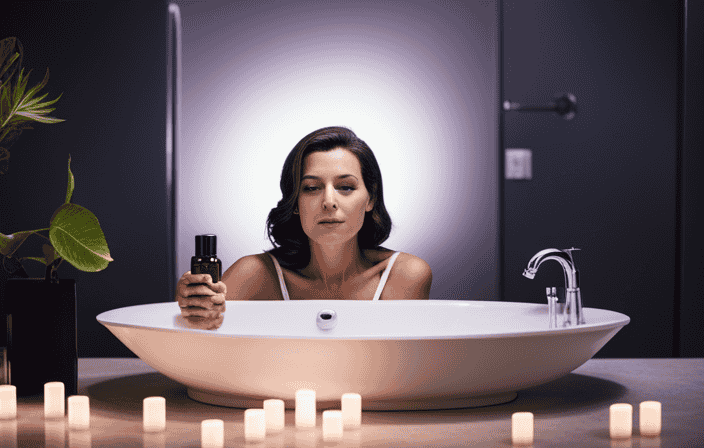 An image of a serene bathroom setting with soft lighting and a woman gently diffusing Aura Cacia essential oils into the air