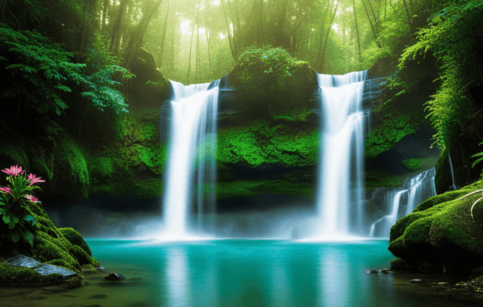 An image showcasing a lush, emerald-green forest enveloped by mist, where a serene waterfall cascades into a pristine, turquoise pool, surrounded by vibrant flowers and birdsong, offering a sanctuary for seekers of spiritual healing